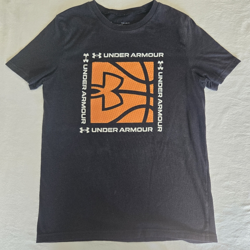 Under Armour Boys Black Tee with Orange Basketball Square Graphic, YLG